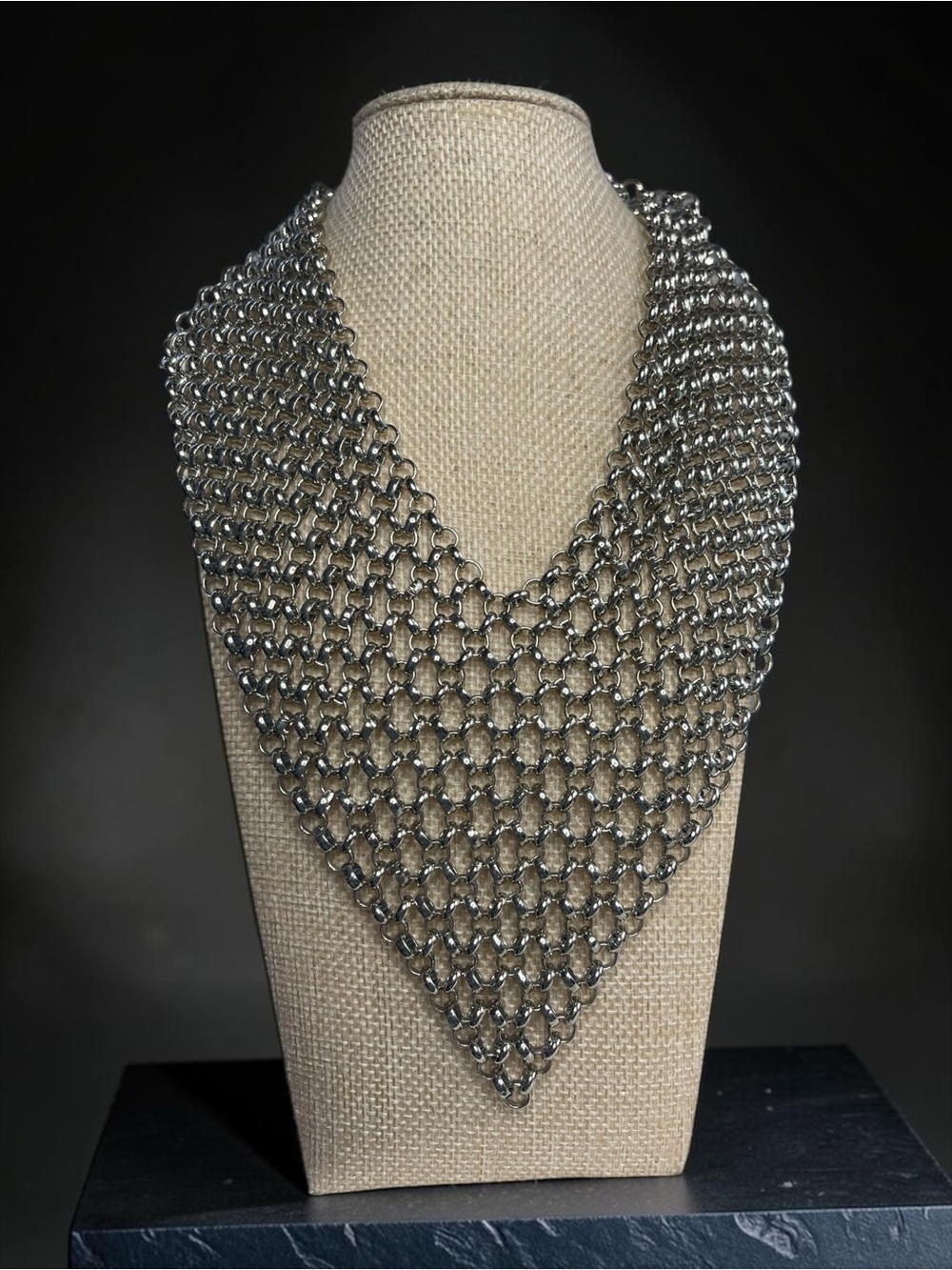 Dramatic Silver Tone Chainmail Bandana Bib Statement Necklace